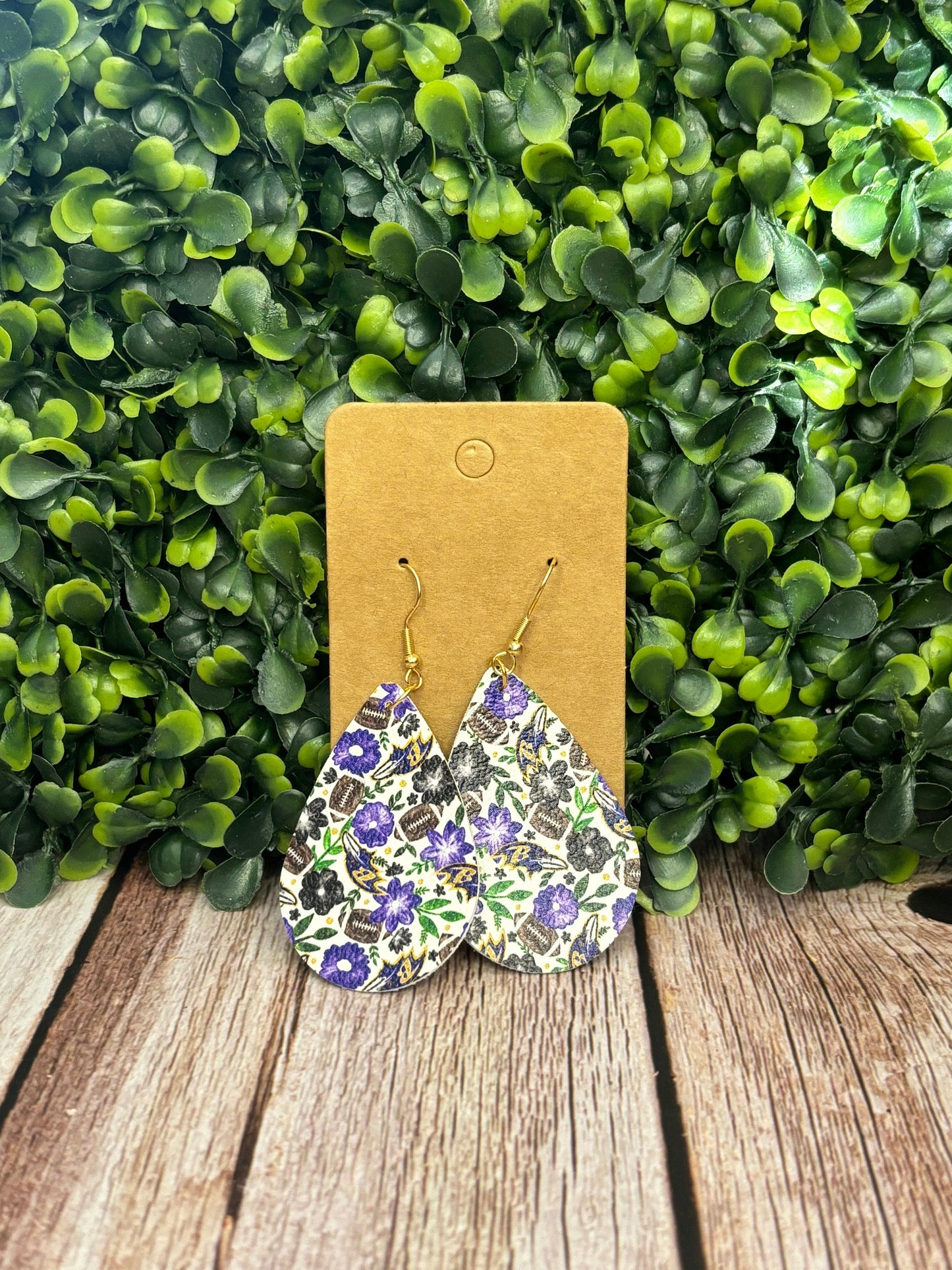 Floral Ravens Faux Leather Tear Drop Earring