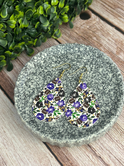 Floral Ravens Faux Leather Tear Drop Earring