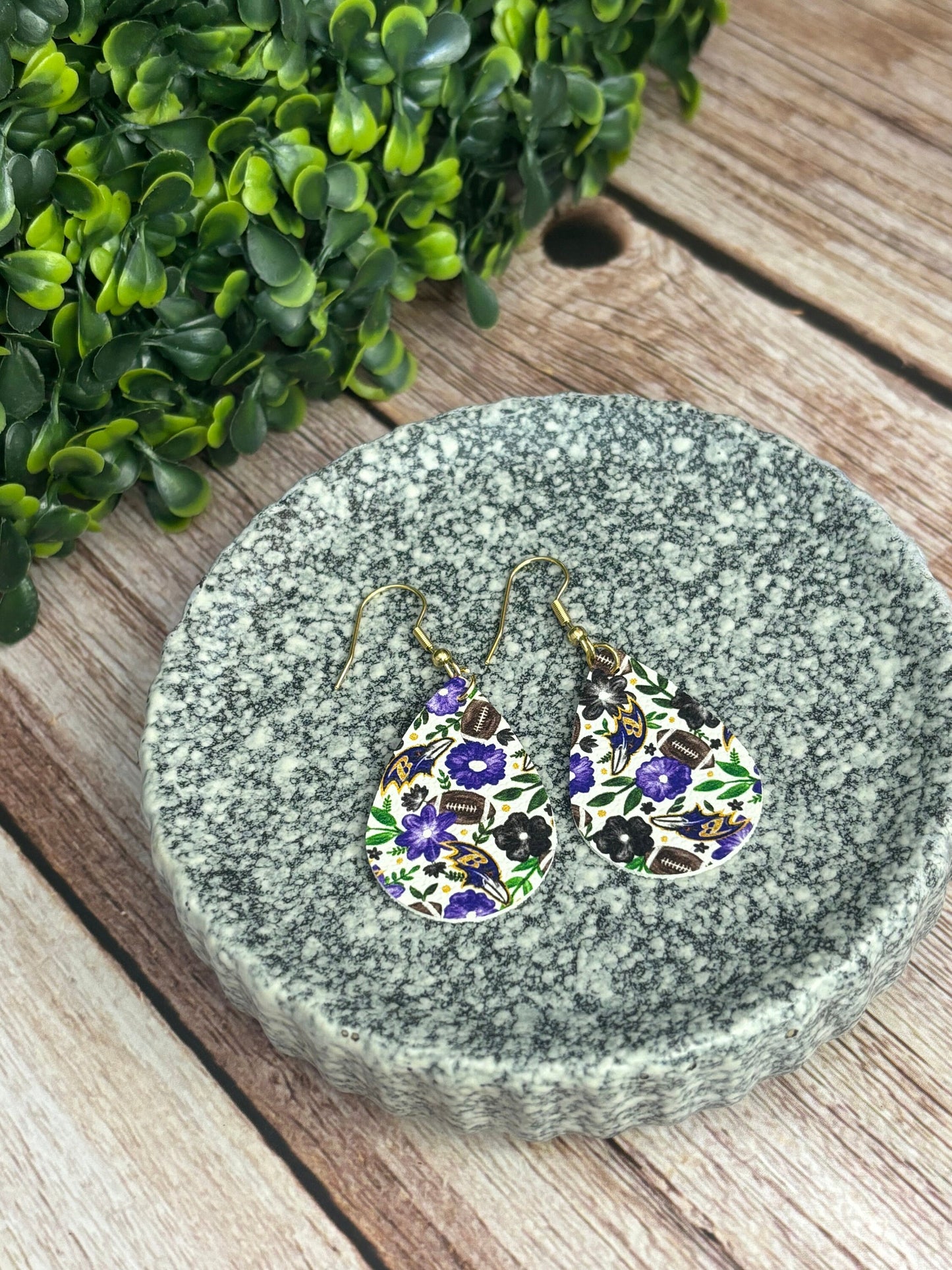 Floral Ravens Faux Leather Tear Drop Earring