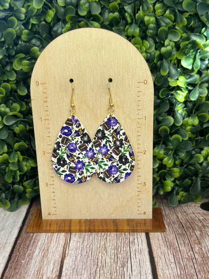 Floral Ravens Faux Leather Tear Drop Earring